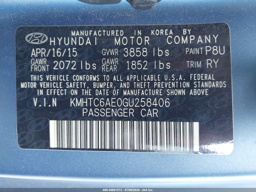 2016 Hyundai Veloster Turbo Rally Edition VIN: KMHTC6AE0GU258406 Lot: 45581313
