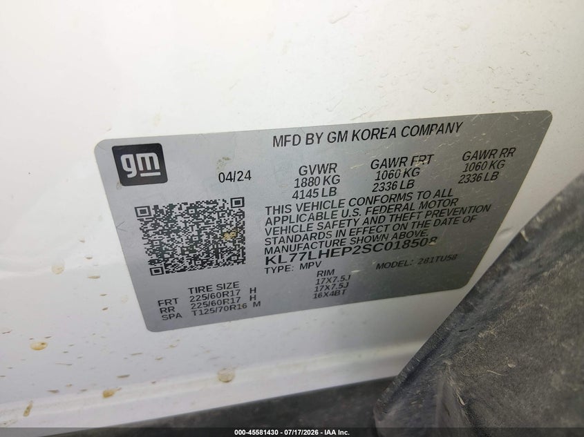 2025 Chevrolet Trax Fwd Lt VIN: KL77LHEP2SC018508 Lot: 45581430