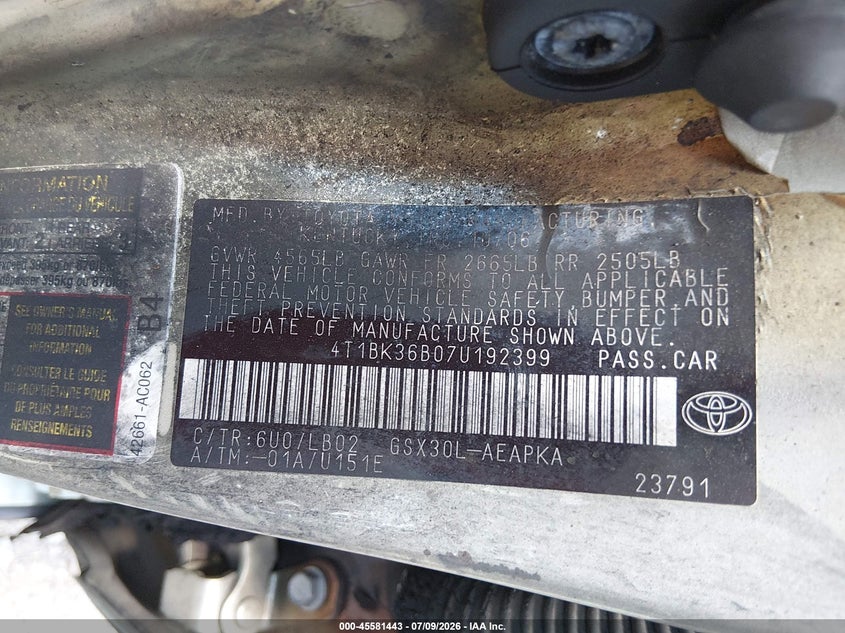 2007 Toyota Avalon Limited VIN: 4T1BK36B07U192399 Lot: 45581443
