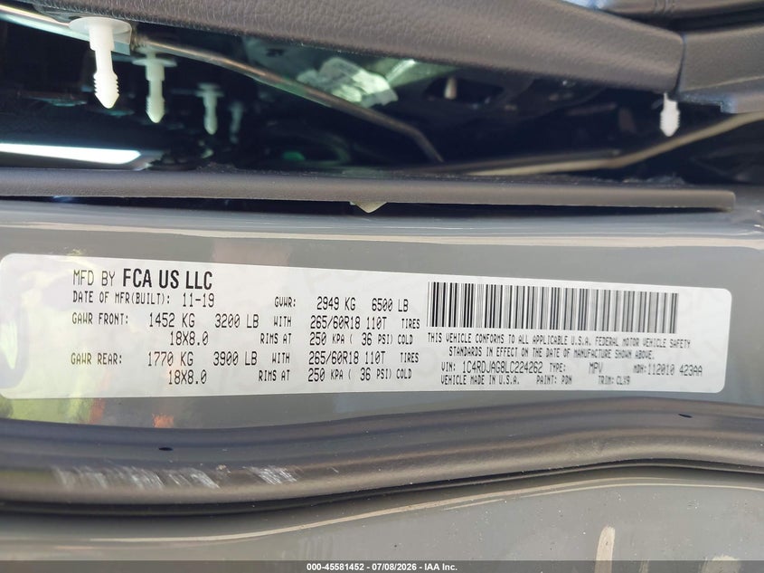 2020 Dodge Durango Sxt Plus Awd VIN: 1C4RDJAG8LC224262 Lot: 45581452