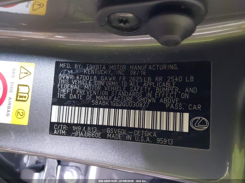LEXUS ES 350 2016 VIN 58ABK1GG2GU030877