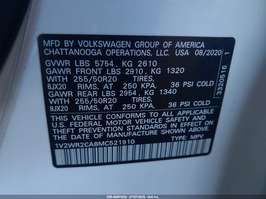 2021 Volkswagen Atlas 3.6L V6 Se W/Technology VIN: 1V2WR2CA8MC521910 Lot: 45581530