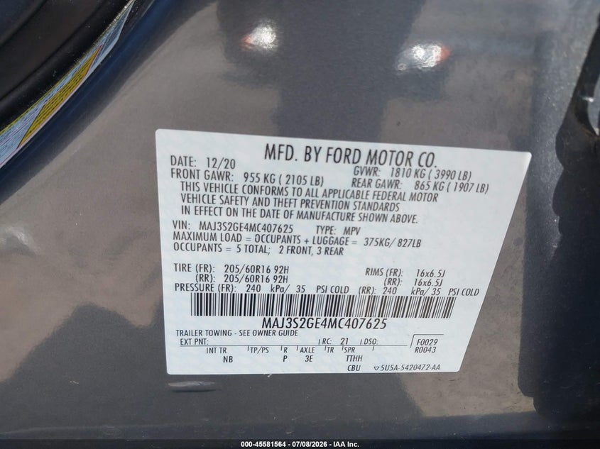 2021 Ford Ecosport Se VIN: MAJ3S2GE4MC407625 Lot: 45581564