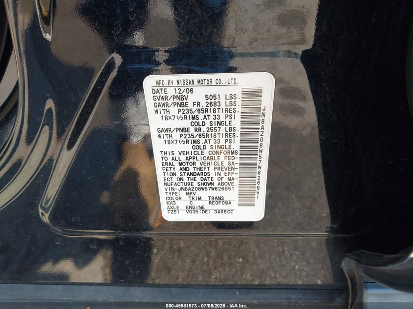 2007 Nissan Murano S VIN: JN8AZ08W57W626951 Lot: 45581573