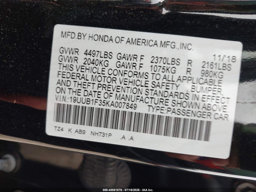 2019 Acura Tlx Standard VIN: 19UUB1F35KA007849 Lot: 45581576