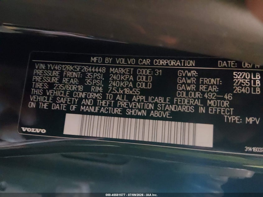 2015 Volvo Xc60 T5/T5 Premier VIN: YV4612RK5F2644448 Lot: 45581577