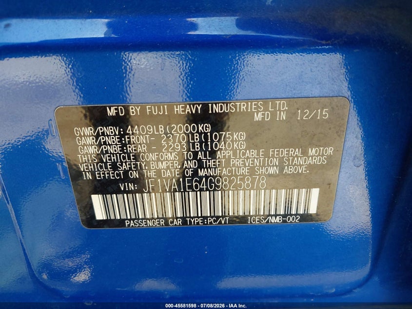 2016 Subaru Wrx Premium VIN: JF1VA1E64G9825878 Lot: 45581598
