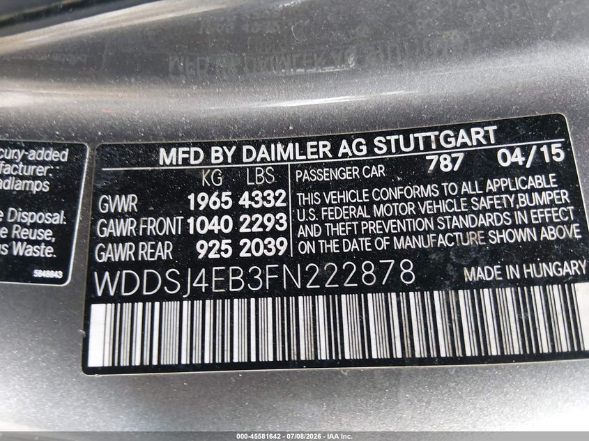 2015 Mercedes-Benz Cla 250 VIN: WDDSJ4EB3FN222878 Lot: 45581642