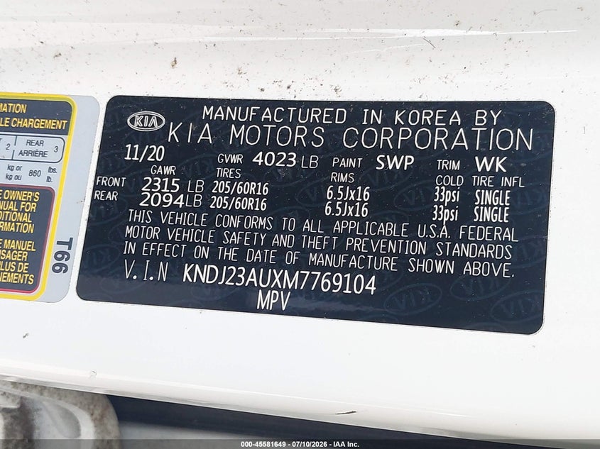 2021 Kia Soul S VIN: KNDJ23AUXM7769104 Lot: 45581649