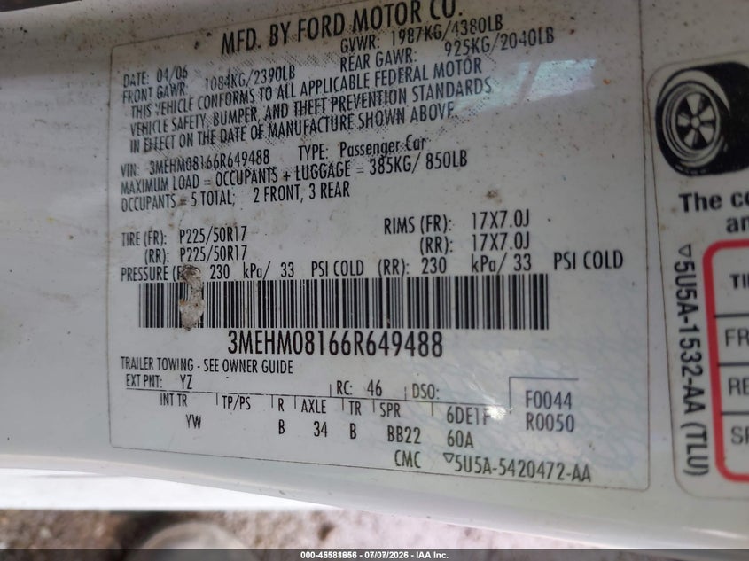 2006 Mercury Milan V6 Premier VIN: 3MEHM08166R649488 Lot: 45581656