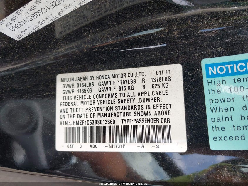 2011 Honda Cr-Z Ex VIN: JHMZF1C63BS013360 Lot: 45581666