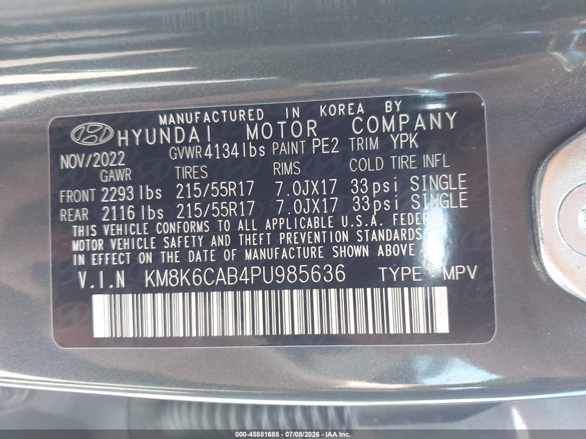 2023 Hyundai Kona Sel VIN: KM8K6CAB4PU985636 Lot: 45581685