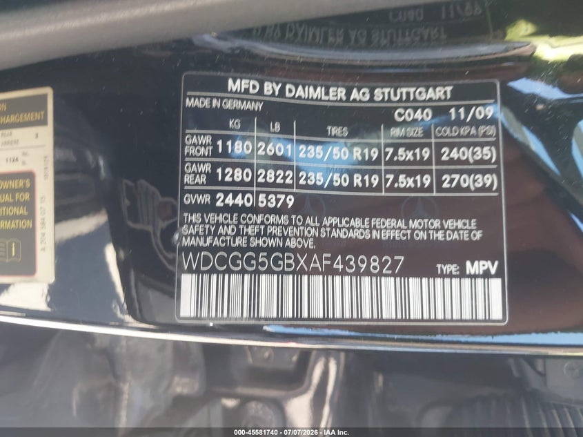 2010 Mercedes-Benz Glk 350 VIN: WDCGG5GBXAF439827 Lot: 45581740