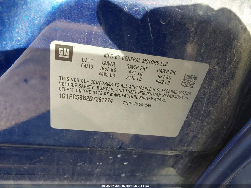 2013 Chevrolet Cruze 1Lt Auto VIN: 1G1PC5SB2D7281774 Lot: 45581763