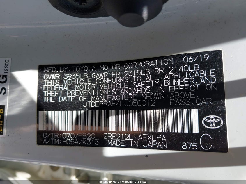 2020 Toyota Corolla Le VIN: JTDEPRAE4LJ050012 Lot: 45581766