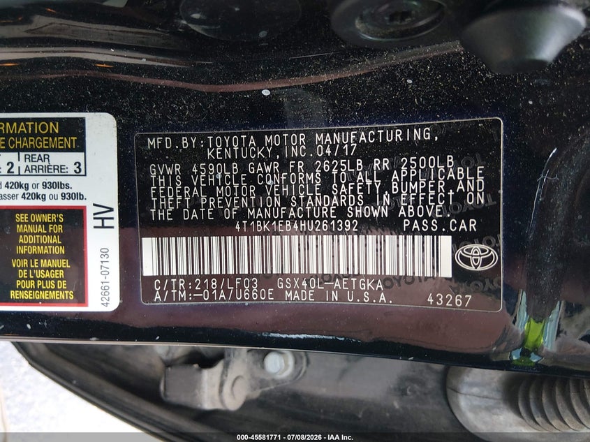 2017 Toyota Avalon Xle Premium VIN: 4T1BK1EB4HU261392 Lot: 45581771