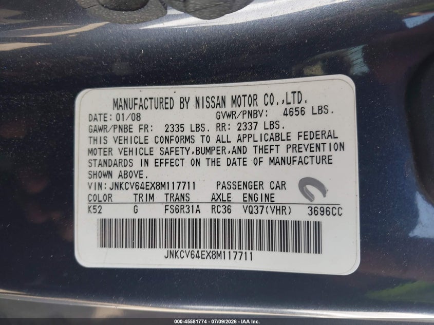 2008 Infiniti G37 Sport VIN: JNKCV64EX8M117711 Lot: 45581774