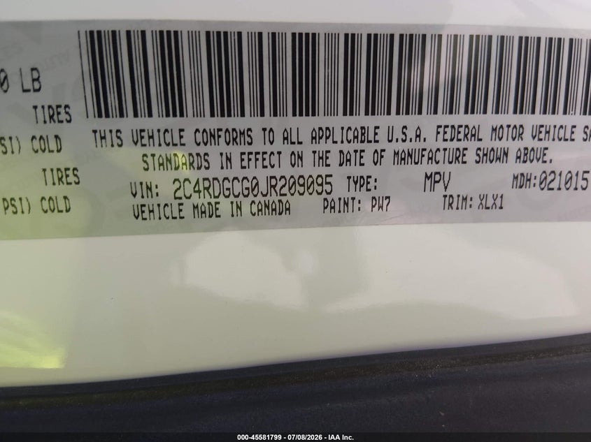 2018 Dodge Grand Caravan Sxt VIN: 2C4RDGCG0JR209095 Lot: 45581799