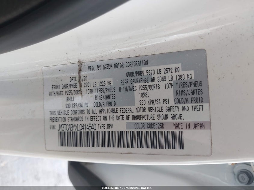 2020 Mazda Cx-9 Sport VIN: JM3TCABYXL0414640 Lot: 45581807
