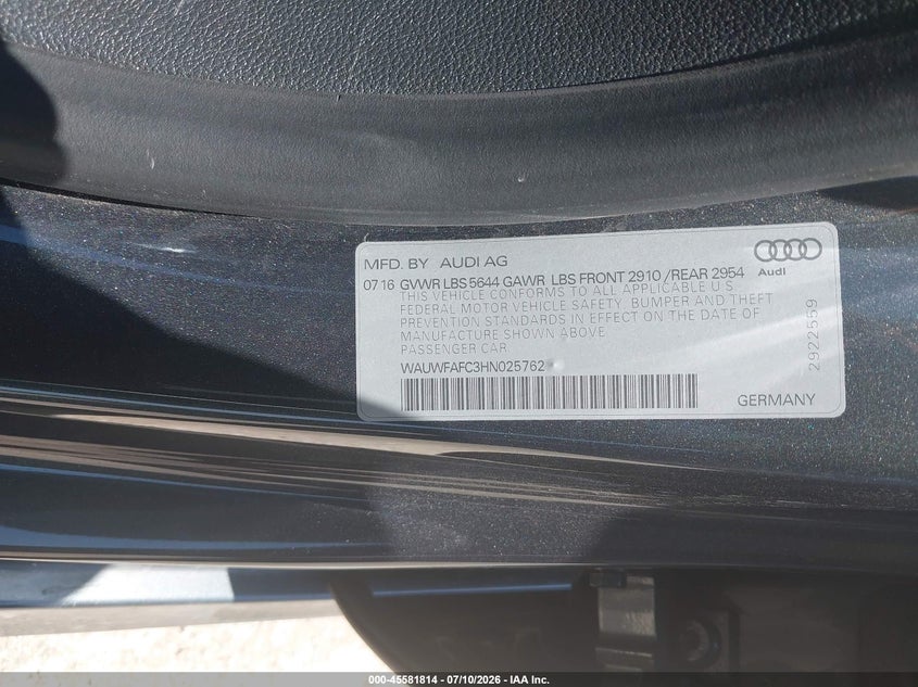 2017 Audi S7 4.0T Premium Plus VIN: WAUWFAFC3HN025762 Lot: 45581814