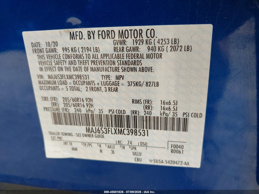 2021 Ford Ecosport S VIN: MAJ6S3FLXMC398531 Lot: 45581826