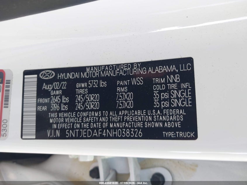 2022 Hyundai Santa Cruz Limited VIN: 5NTJEDAF4NH038326 Lot: 45581839