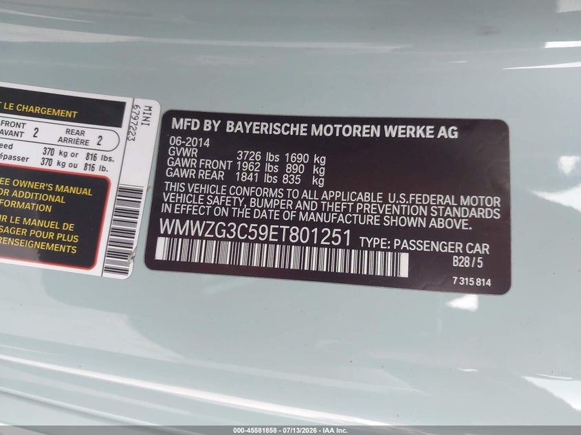 2014 Mini Clubman Cooper S VIN: WMWZG3C59ET801251 Lot: 45581858