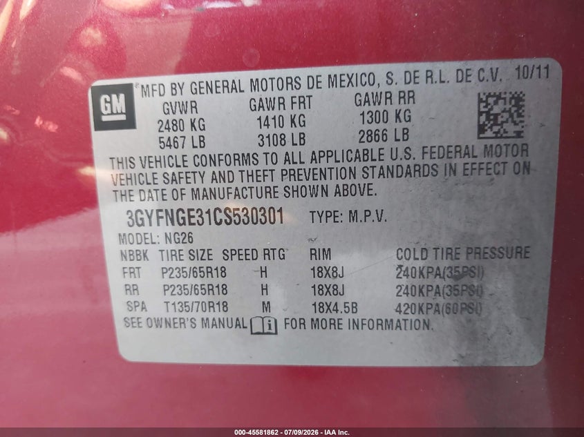 2012 Cadillac Srx Standard VIN: 3GYFNGE31CS530301 Lot: 45581862