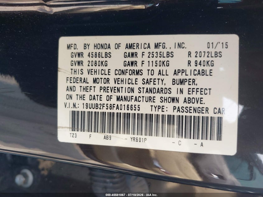 2015 Acura Tlx V6 Tech VIN: 19UUB2F58FA016655 Lot: 45581867