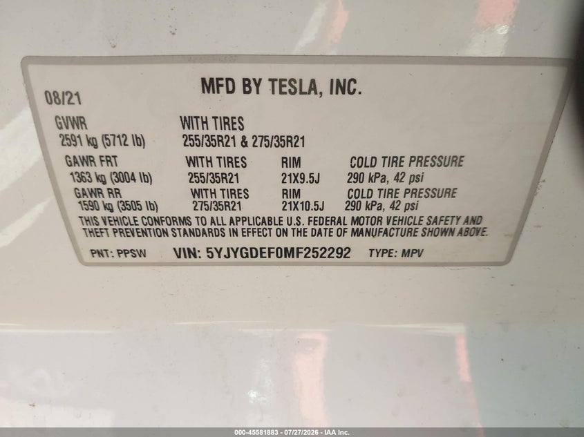 TESLA MODEL Y 2021 VIN 5YJYGDEF0MF252292
