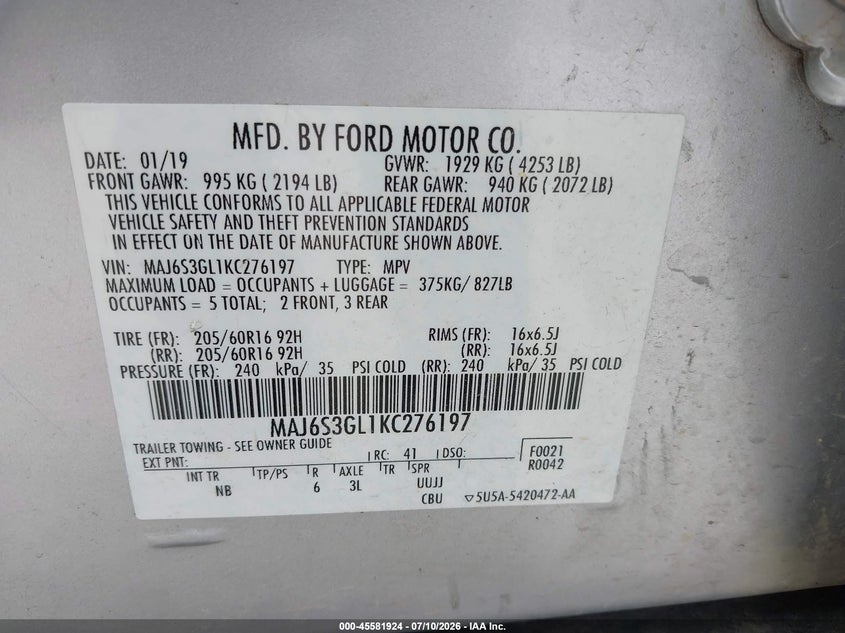 2019 Ford Ecosport Se VIN: MAJ6S3GL1KC276197 Lot: 45581924