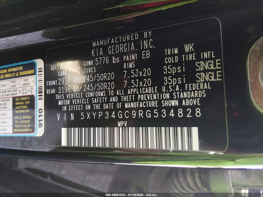 2024 Kia Telluride Ex VIN: 5XYP34GC9RG534828 Lot: 45581932