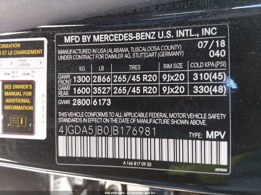 2018 Mercedes-Benz Gle 350 VIN: 4JGDA5JB0JB176981 Lot: 45581954