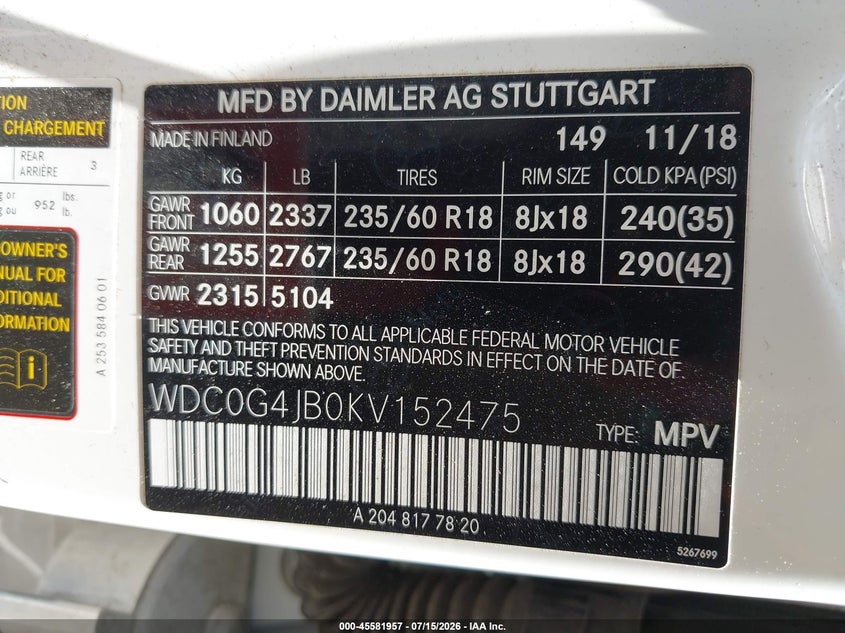 2019 Mercedes-Benz Glc 300 VIN: WDC0G4JB0KV152475 Lot: 45581957