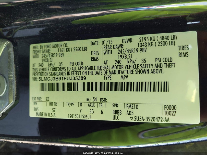 2015 Lincoln Mkc Black Label VIN: 5LMCJ3B91FUJ35389 Lot: 45581967