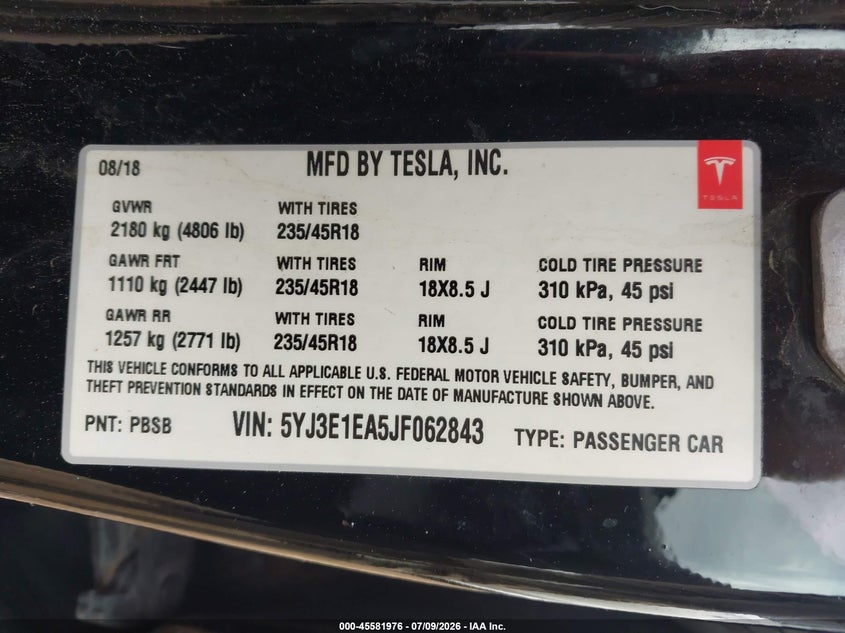 2018 TESLA MODEL 3 SEDAN ELECTRIC