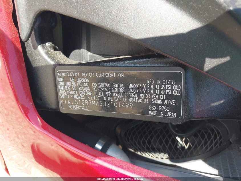 2018 Suzuki Gsx-R750 VIN: JS1GR7MA5J2101499 Lot: 45581989