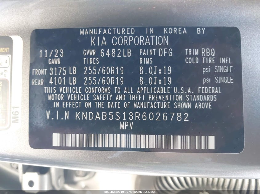 2024 Kia Ev9 Light Long Range VIN: KNDAB5S13R6026782 Lot: 45582019
