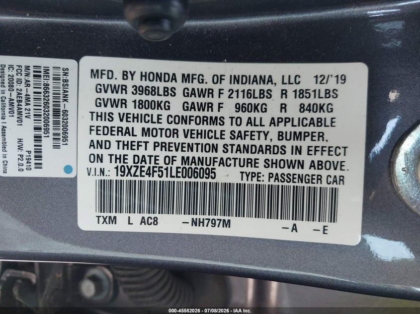 2020 Honda Insight Ex VIN: 19XZE4F51LE006095 Lot: 45582026