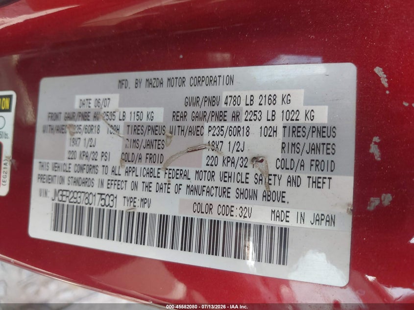 2008 Mazda Cx-7 Grand Touring VIN: JM3ER293780175031 Lot: 45582080