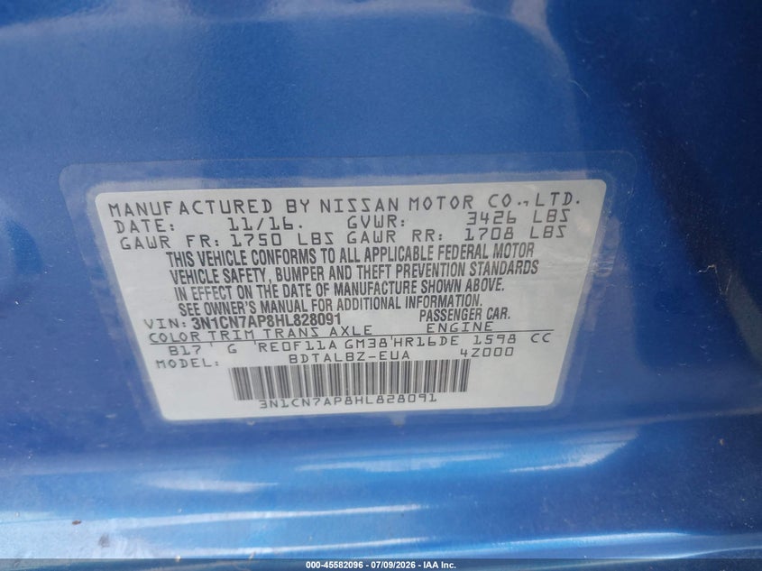 2017 NISSAN VERSA SEDAN 1.6L I-4 DOHC, VVT, 109HP