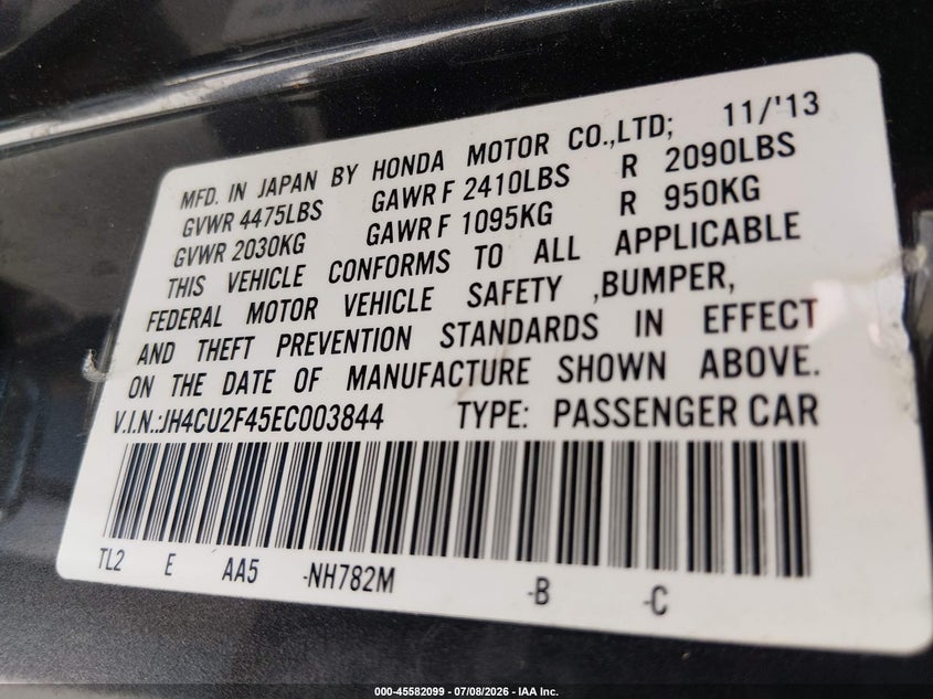 2014 Acura Tsx 2.4 VIN: JH4CU2F45EC003844 Lot: 45582099