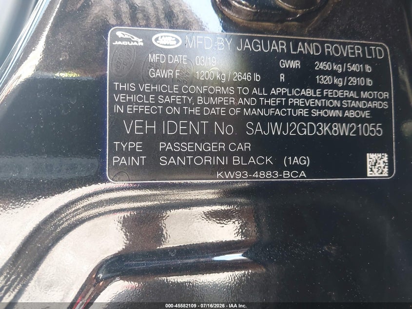 2019 Jaguar Xj Xj50 V6/Xjl Portfolio VIN: SAJWJ2GD3K8W21055 Lot: 45582109