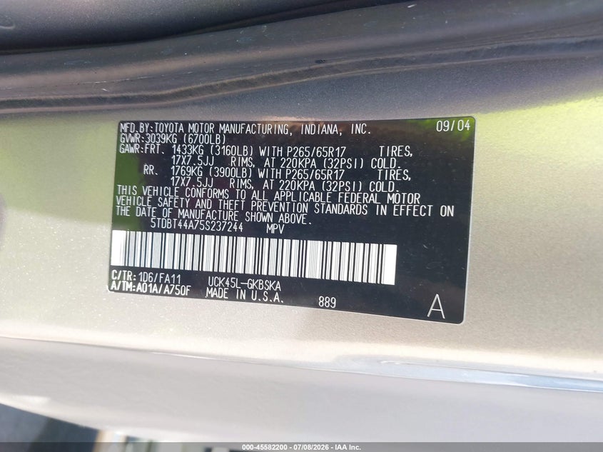 2005 Toyota Sequoia Sr5 V8 VIN: 5TDBT44A75S237244 Lot: 45582200