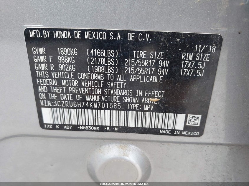 2019 Honda Hr-V Ex-L VIN: 3CZRU6H74KM701585 Lot: 45582209