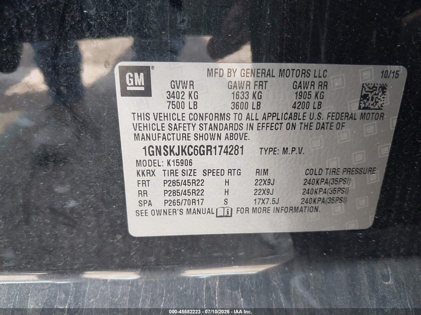 2016 Chevrolet Suburban Ltz VIN: 1GNSKJKC6GR174281 Lot: 45582223