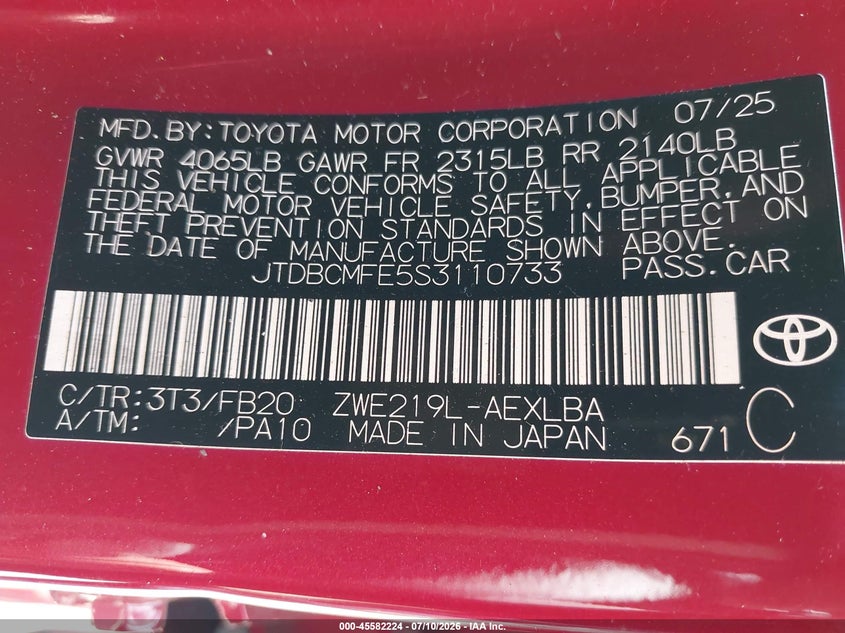 2025 TOYOTA COROLLA SEDAN 1.8L I-4 DOHC, VVT, 96HP