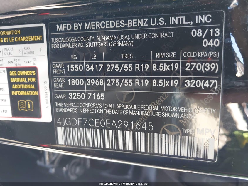 2014 Mercedes-Benz Gl 450 4Matic VIN: 4JGDF7CE0EA291645 Lot: 45582290