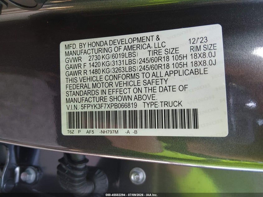 2023 Honda Ridgeline Rtl-E VIN: 5FPYK3F7XPB066819 Lot: 45582294