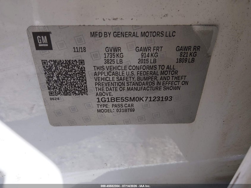 2019 Chevrolet Cruze Lt VIN: 1G1BE5SM0K7123193 Lot: 45582304